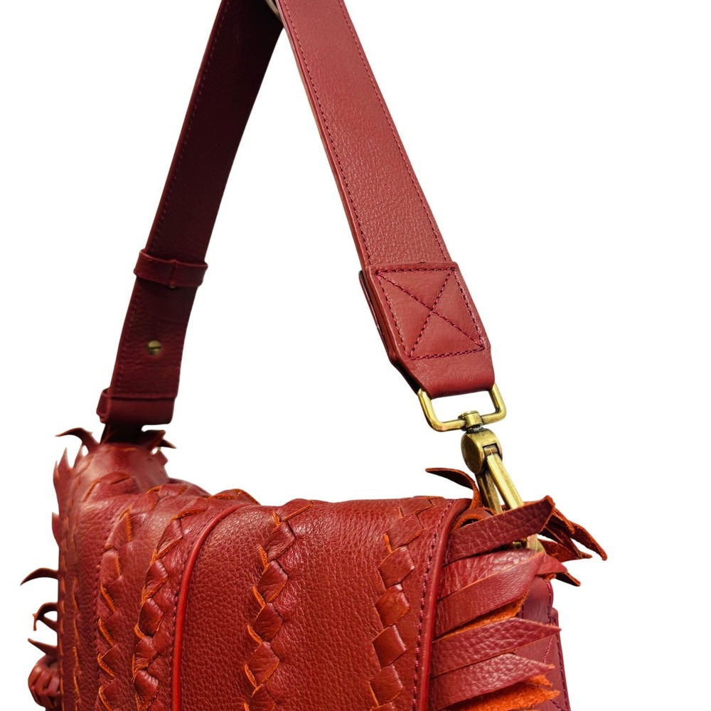 Bixi Awotan Seneca Red Pebbled Leather Fringe Braided Shoulder Bag Tassel Boho - Picture 5 of 13